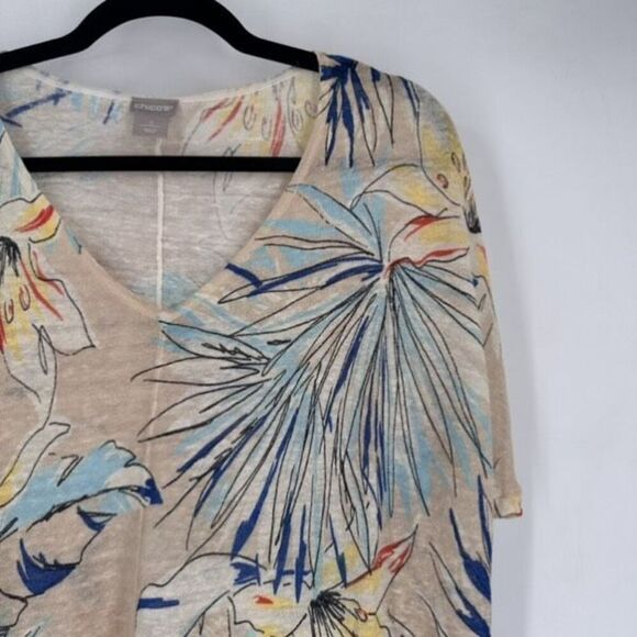 Chico's Women's Linen Blend Tropical Print Tie Front V-Neck Top Tan Blue Sz 3 XL - Picture 3 of 8